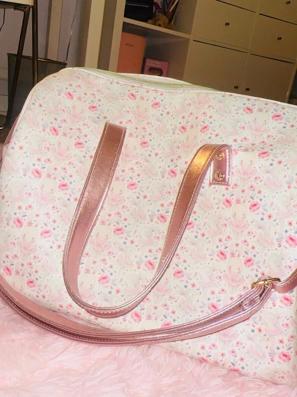 Cute Floral Bunny Face Travel Bag in Pink and Cream